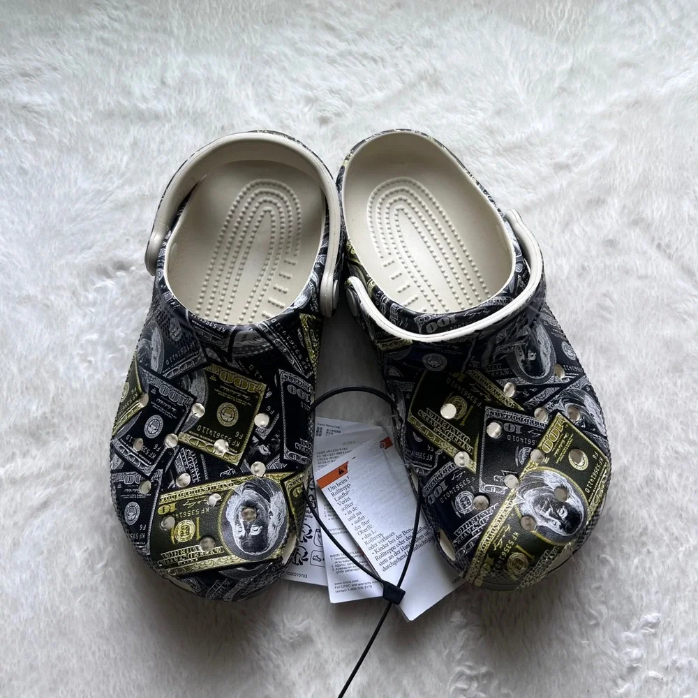 Crocs Classic Money Clog Mens 6 Womens‎ 8 Bone Multi Hundred Dollar Bill Print